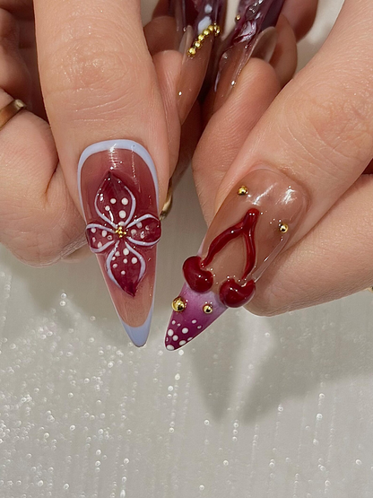 Burgundy Baroque Press On Nails | Luxury Cherry Red Nails | Gold Accent Nails | Elegant Marble Nails | Handmade Glam Press Ons | JC316HC