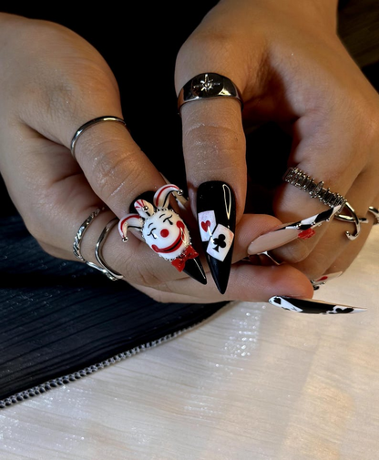 Harlequin Joker Halloween Press On Nails | Black White Red Gothic Nail Art | 3D Clown Accent Stiletto Nails | Playing Card Inspired |JB194EC