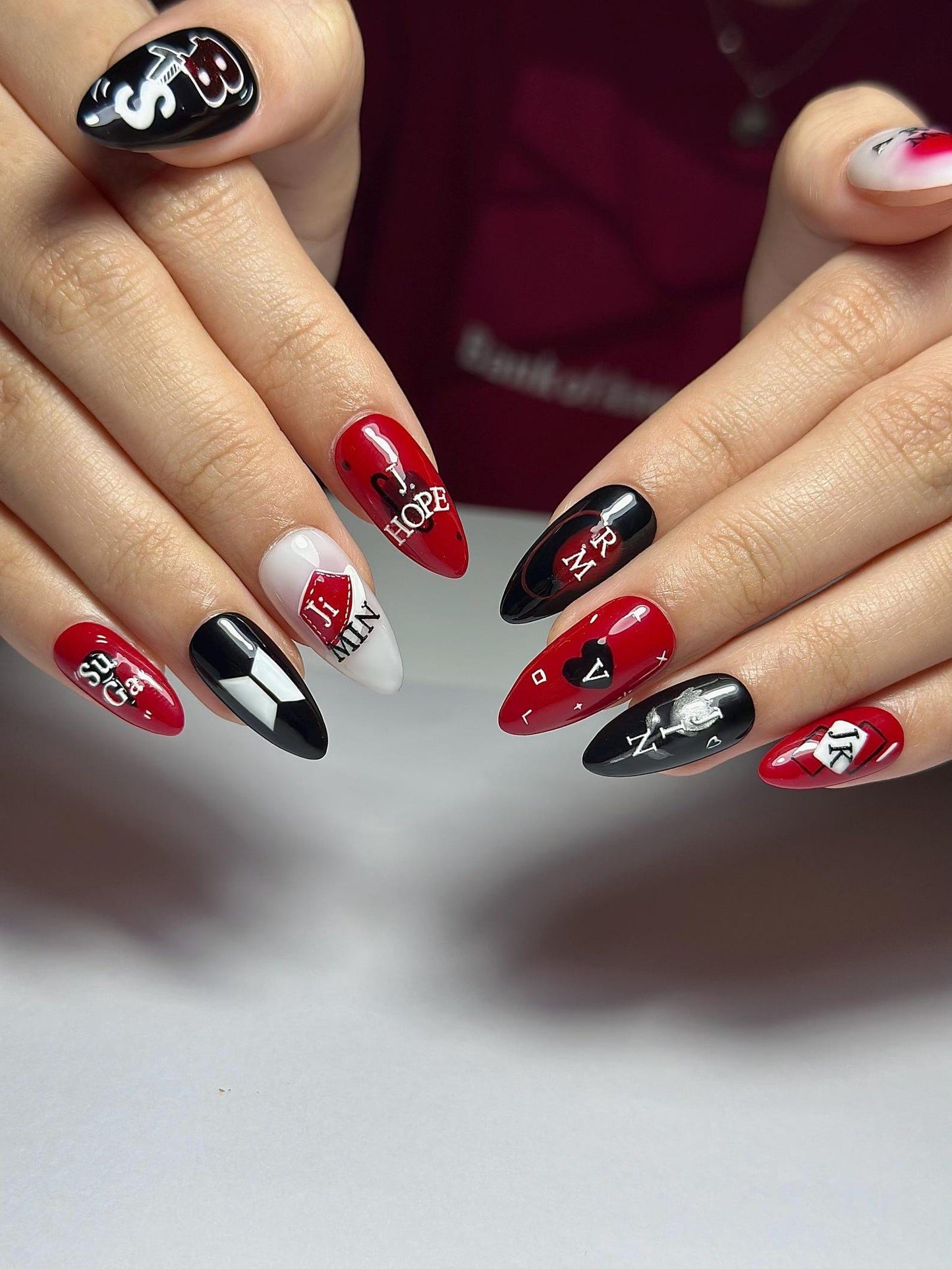 Red Black Kpop Press On Nails | Kpop Inspired Nail Art | Concert Aesthetic Almond Nails | Edgy Graphic Press Ons | Kpop Fan Nails | OB384HC
