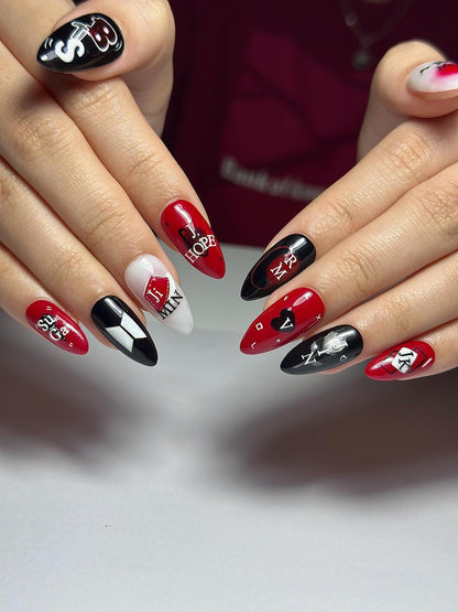 Red Black Kpop Press On Nails | Kpop Inspired Nail Art | Concert Aesthetic Almond Nails | Edgy Graphic Press Ons | Kpop Fan Nails | OB384HC