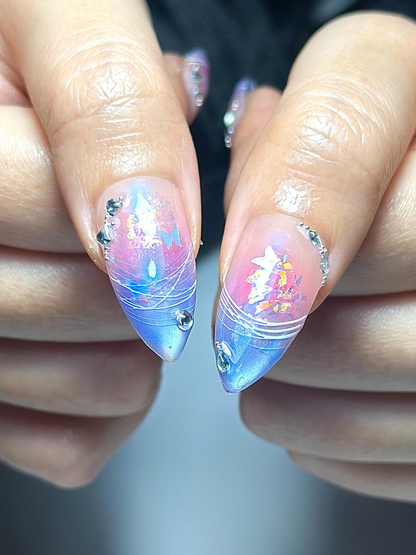 Aurora Galaxy Floral Press On Nails | Iridescent Chrome Stiletto Nails | 3D Sakura Flower Nails | Fantasy Butterfly Nail Art | DB1044HC