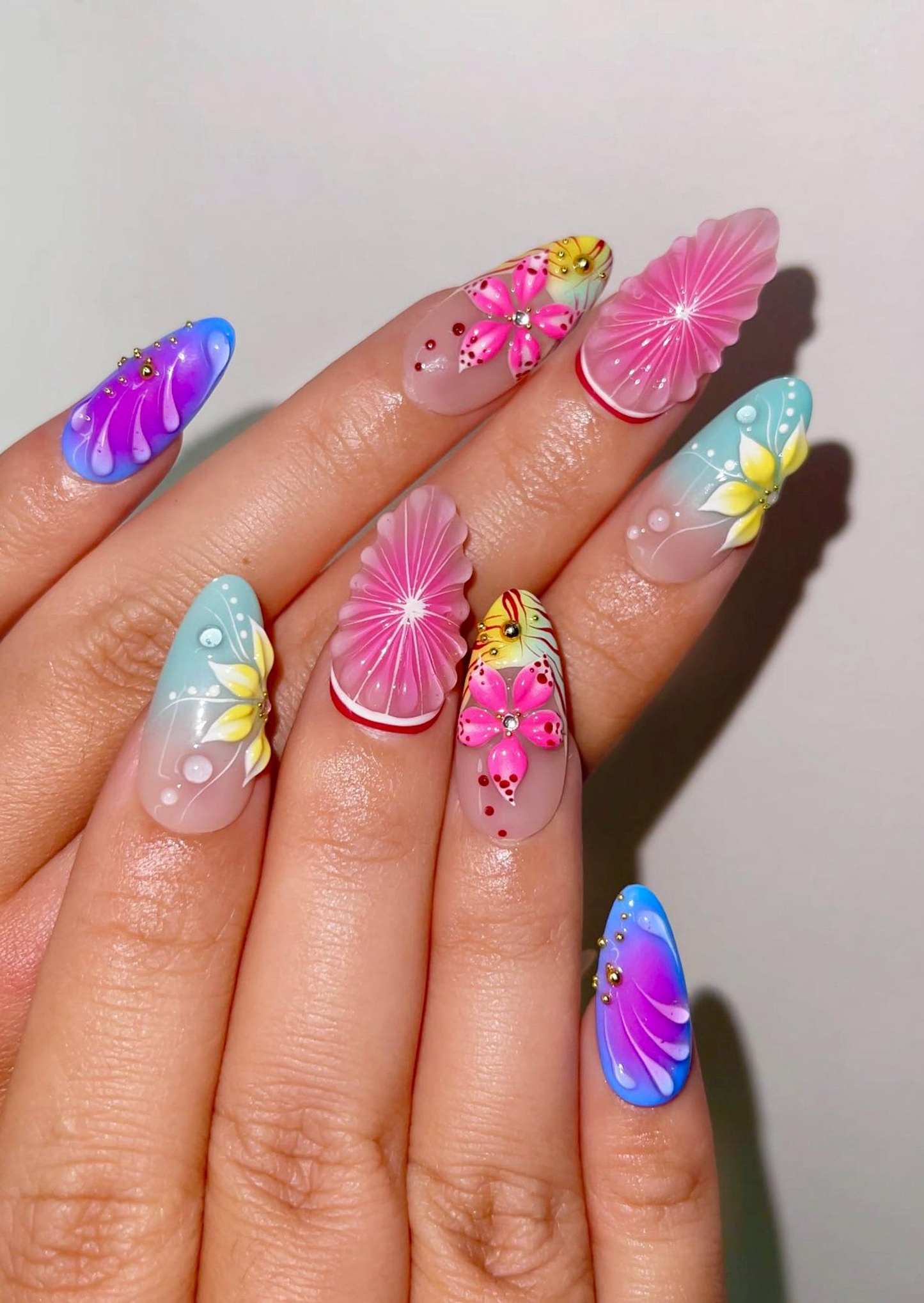 Tropical Bloom Press On Nails | 3D Flower Summer Nails | Colorful Citrus Slice Nails | Hand Painted Floral Nails | Vacation Nails | JB319H