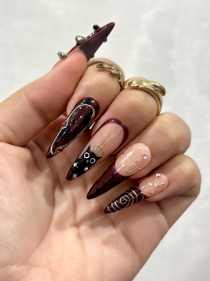 Gothic Ruby Witch Press On Nails | Red Black Sorcery Nail Art | 3D Ring Accents & Mystic Symbols | Luxury Dark Glam Set | HB1202EC