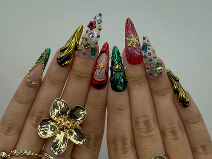 Luxe Ornament Christmas Press On Nails | 3D Holiday Nail Art | Red & Green Chrome Nails | Rhinestone Design | Festive Press Ons | JB214HC