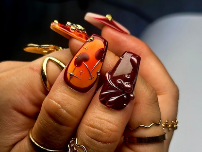 Fall Orange Leopard Press On Nails | Autumn Handmade Luxury Set | 3D Bow & Butterfly Nail Art | Fall Statement Design | HB1095EC