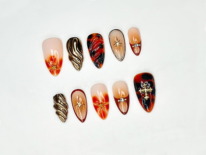 Gold Flame Press On Nails | Red Marble Tortoise Shell & Molten Swirl Nails | Handmade 3D Fire Nail Art | Luxury Gothic Nail Set | JB101LC