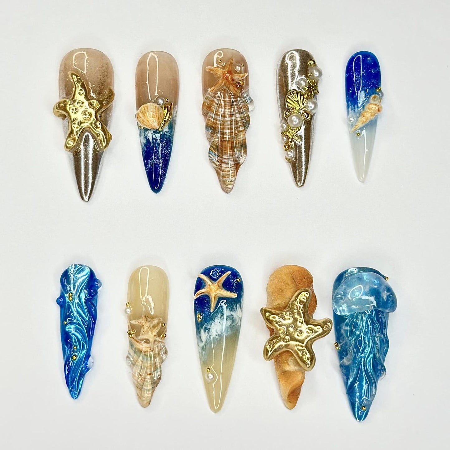 3D Starfish & Jellyfish Ocean Nails | Gold Silver Metallic Chrome | Blue Beach Wave Press On | Coquette Pearl Summer Art | OB1348D