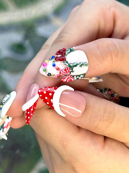 Merry Knit Christmas Press On Nails | 3D Bow Christmas Nail Art | Green Red Holiday Press Ons | Festive Handmade Set | JB220EC