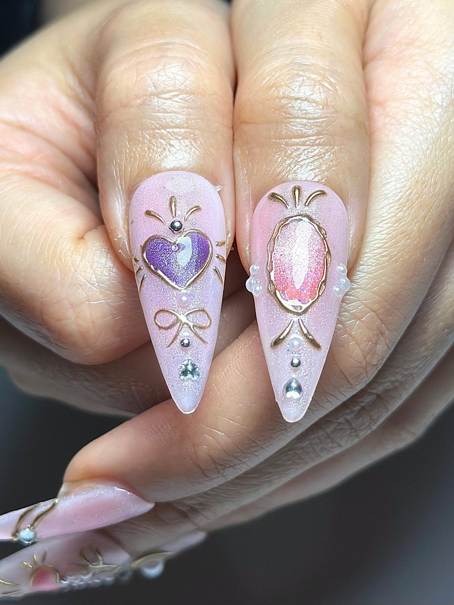 Pastel Cat Eye Press On Nails | Pink Purple Ombre Nails | Cute Heart Bow Nail Art | Elegant Gold Detail Nails| Fairycore Press Ons| HC1307HC