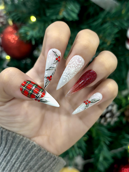 Red Plaid Reindeer Christmas Press On Nails | Holiday Plaid Winter Nail Art | Gold Reindeer Nails | Red Ombre Glitter Nail | JC252EC