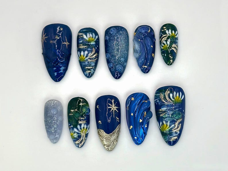 Midnight Daisy Garden Press On Nails | Handpainted Blue Ocean Waves & Starfish Nails | Ocean Themed Nail Art with Gold Accents | JC531HC