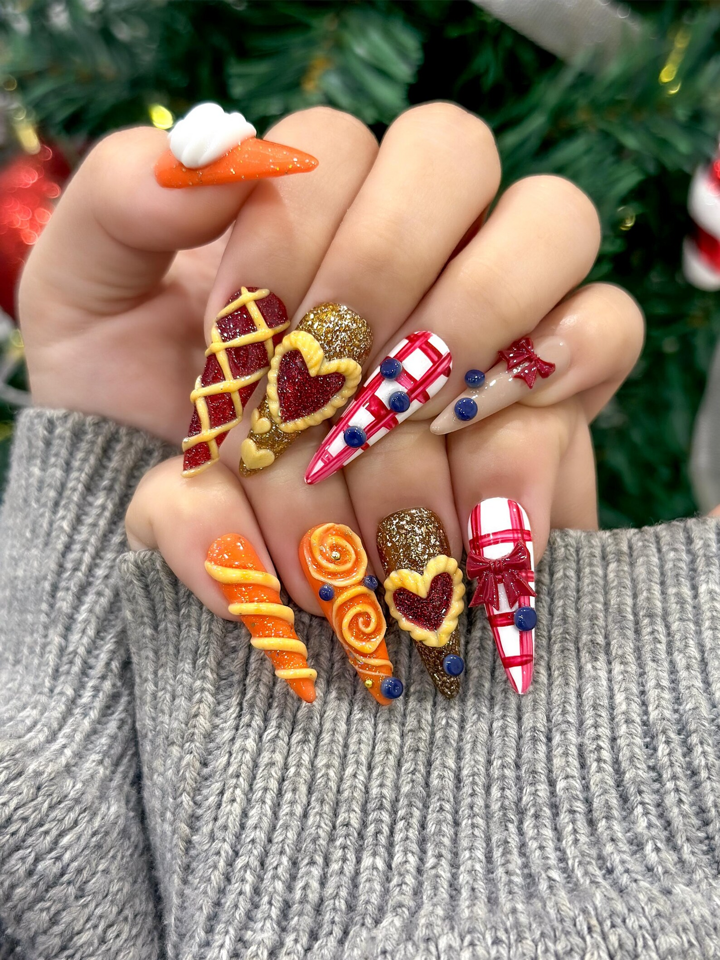 Sweet Berry Pastry Press On Nails | 3D Heart Tart Cute Nails | Red Pastry Press Ons | Holiday Bakery Nails | JC257EC