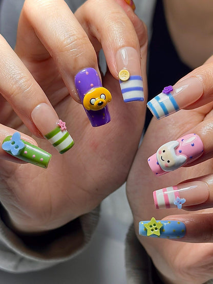 Adventure Time Press On Nails | Finn & Jake Cartoon Nails | Cute Kawaii Character Nail Art | Colorful 3D Nails | Fun Press Ons | JB331HC
