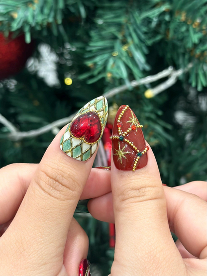 Gemstone Christmas Press On Nails | Red & Green Nails | Baroque Holiday Nail Art | Lux Christmas Press Ons | Elegant Festive Set| JB253HK