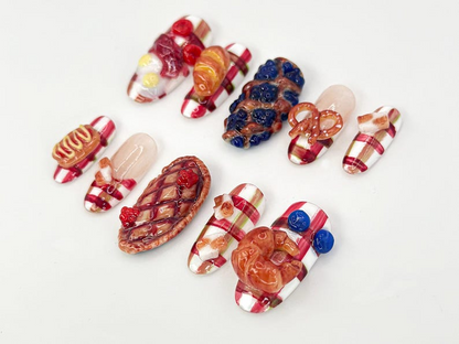 Picnic-Inspired Food Press-On Nails | Fun Picnic Nail Art with Pretzels, Pies, and Berries | Cute 3D Food Nail Art |Dessert Inspire| JA646HC