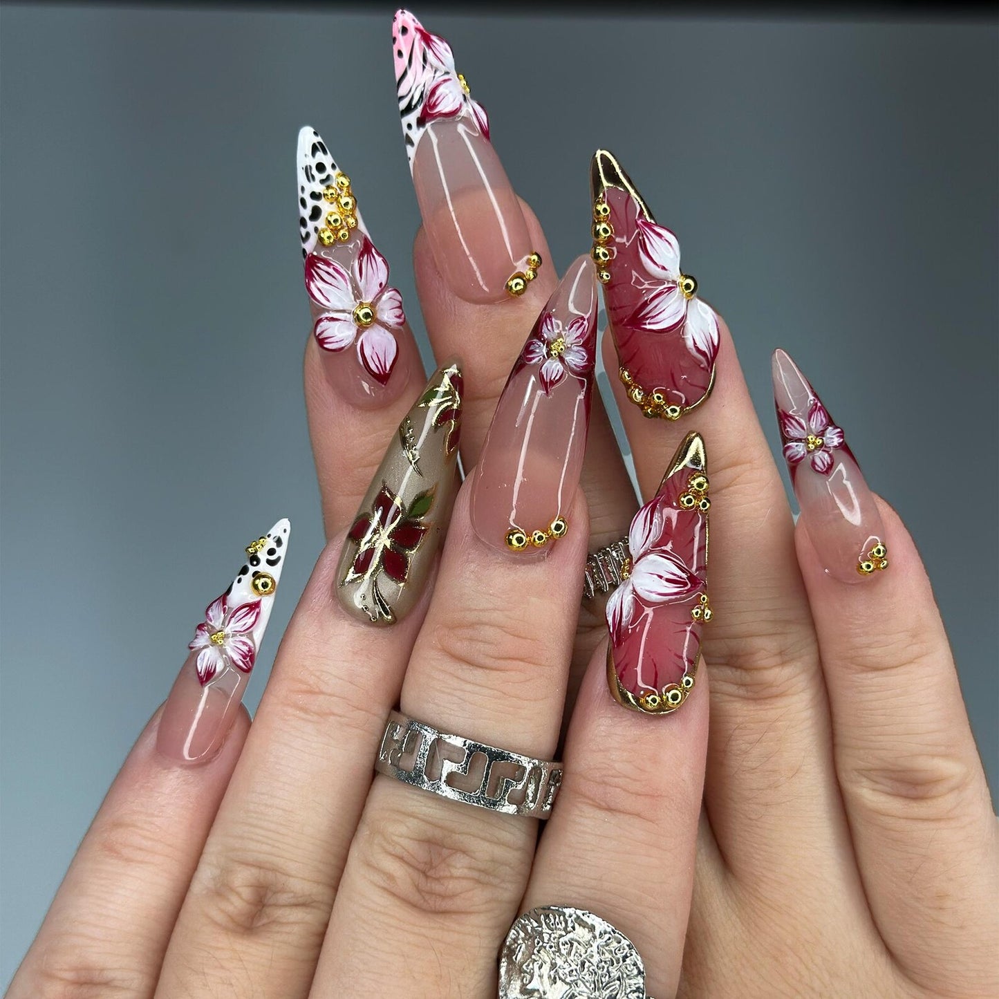Burgundy Press On Nails Summer | Luxury Gyaru Stiletto Nails | 3D Flower Leopard Print Fake Nails | Dark Coquette Autumn Gift| OB409LK