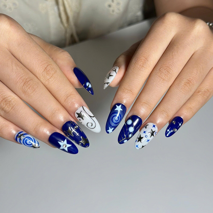 Navy Blue Press On Nails • Star Charm Almond Nails • Silver Foil Celestial Handmade Glue Set • Gift for Her • OC1376ZG