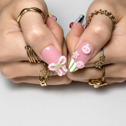 Cute 3D Ladybug Summer Press On Nails Almond • Tropical Pool Party Vibe • Rainbow Star Heart Charm • Colorful French Tip • OB1366DG
