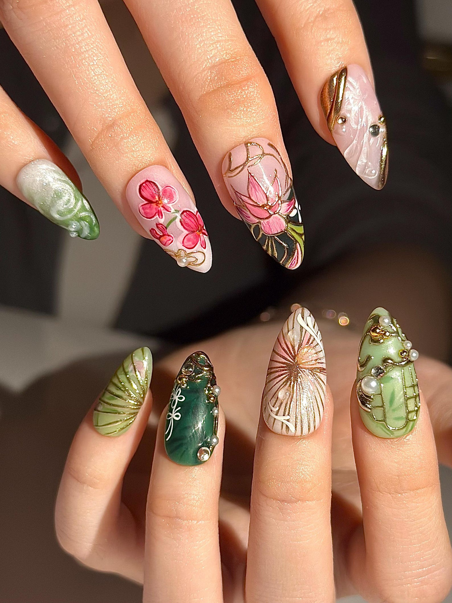 Asian Inspired Luxury Press On Nails | Jade Green Gold Floral Nails | Handpainted Pagoda Nail Art | Elegant Statement Press Ons | JB309HC