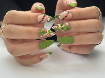 Candy Cane Christmas Press On Nails | Green Holiday Nails | Festive Long Nails | Gift For Her | Winter Party Nails| HB1189BC