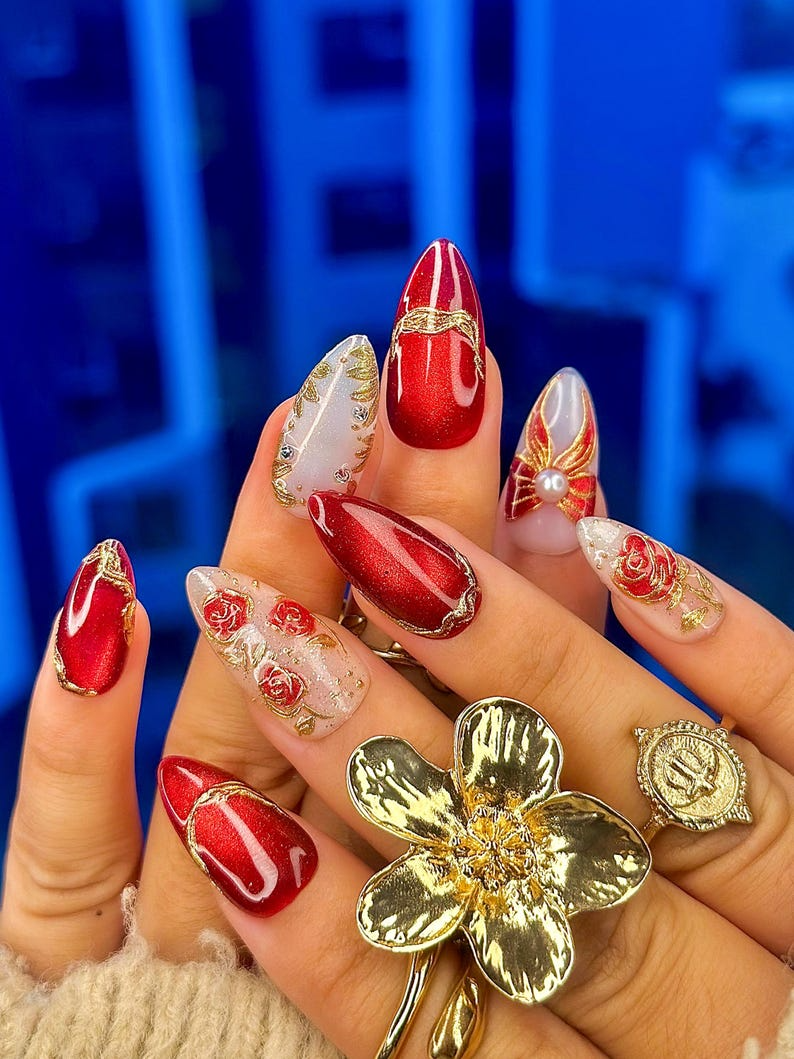 Press On Nails For Christmas | Holiday Christmas Nails | Gold Leaf Luxury Nail Art | Pearl Accent Classy Nails | JB210EC