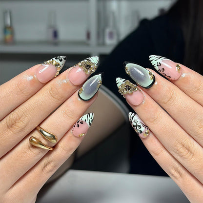 Nude Pink Press On Nails with Black Floral and Gold Charm | 3D Elegant Nails in Almond Shape | Handmade Nails for Party, Wedding | JC333NC