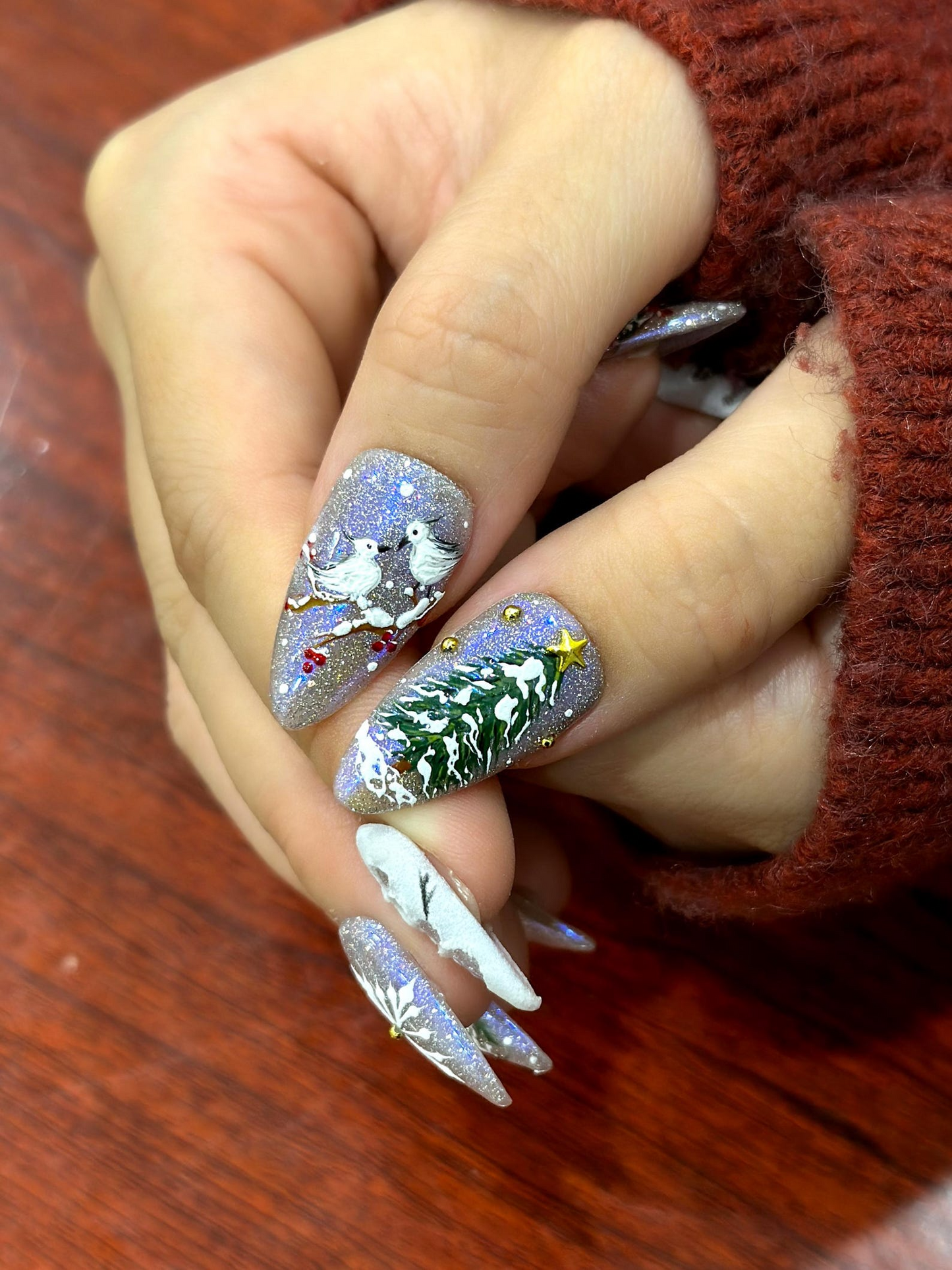 Silver Frost Christmas Press On Nails | 3D Snowman & Christmas Tree Nail Art | Frosted Birds and Winter Scene | HB1209EC
