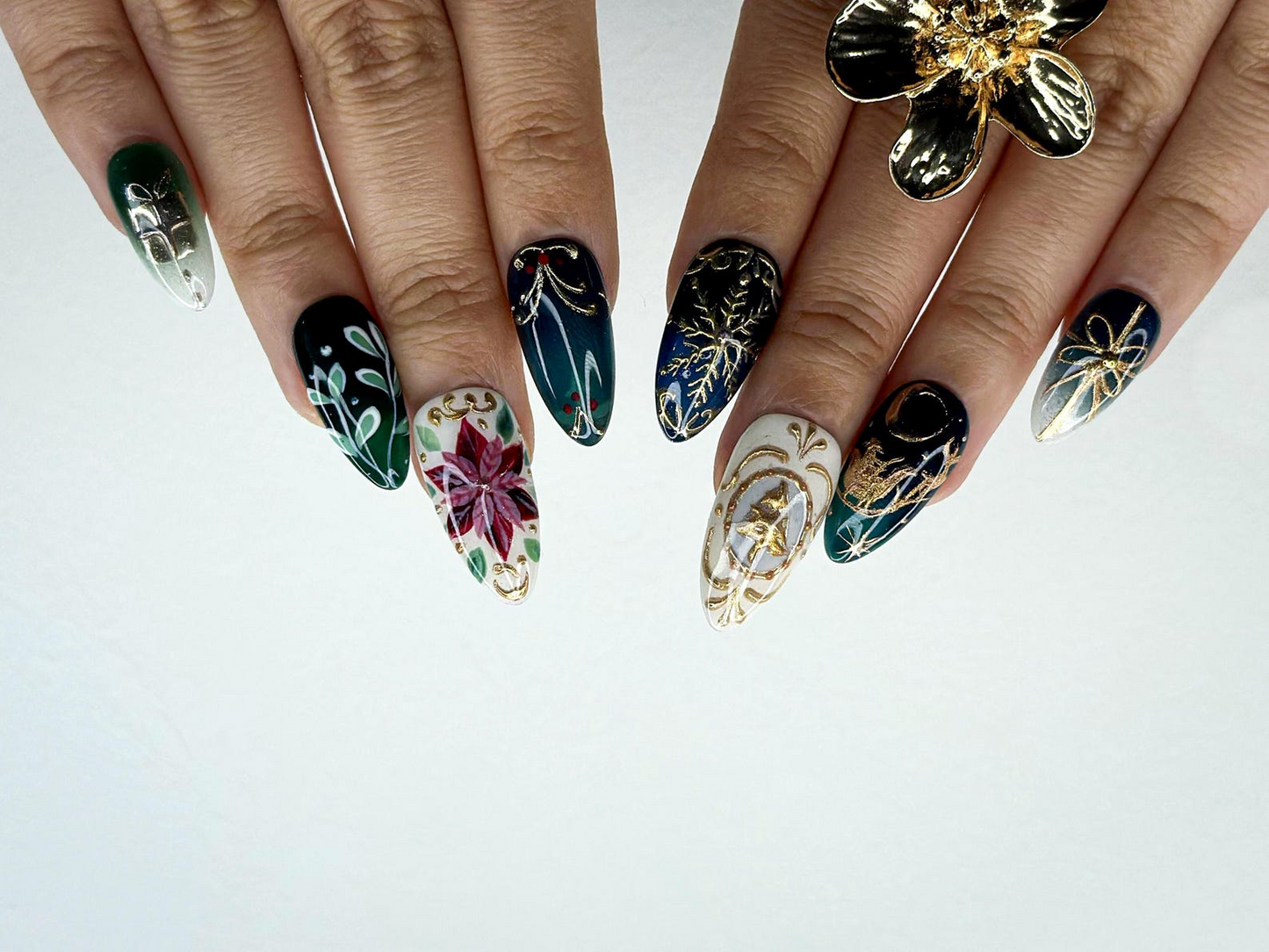 Midnight Christmas Press On Nails | Black & Gold Christmas Nail | Hand-Painted Design | Holiday Nail Set | Luxury Winter Press Ons | JB215HC