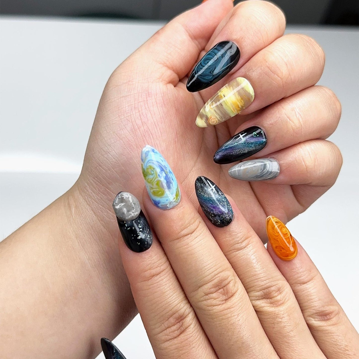 Solar System Almond Press On Nails | Handpainted Celestial Galaxy Fake Nails | OB401LK