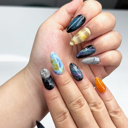 Solar System Almond Press On Nails | Handpainted Celestial Galaxy Fake Nails | OB401LK