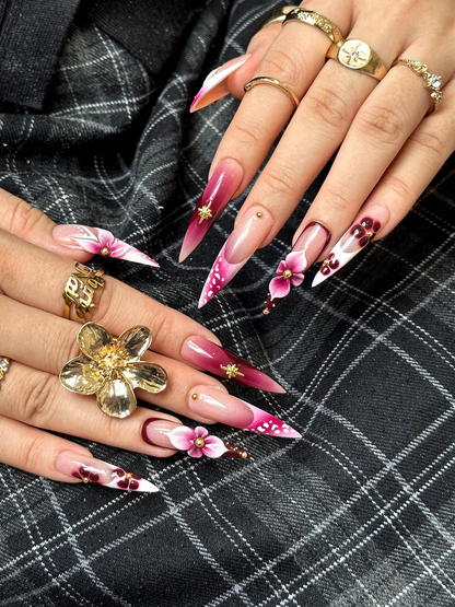 Elegant Floral Press On Nails | 3D Floral Ombre Nails | Burgundy & Pink Gradient Nail Art | Luxury Handmade Press Ons | DC881HC