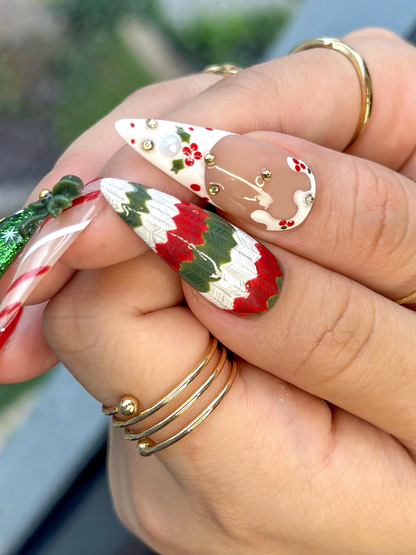 Cozy Knit Christmas Press On Nails | Red Green Holiday Nail Art |Festive Tree & Ribbon Design| Candy Cane And Snowflake Design | HB1195EK