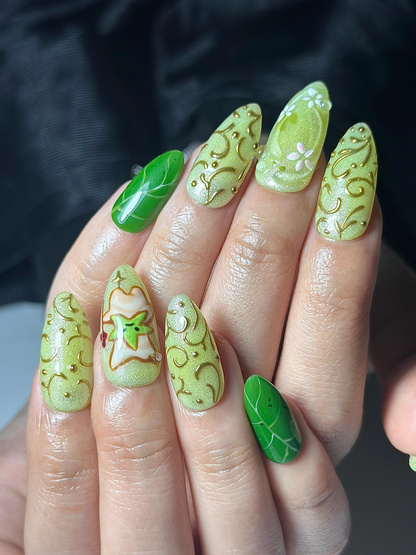 Korok Forest Press On Nails | Legend of Zelda Inspired Nails | Cute Green Fantasy Nail Art | Korok Leaf Nails | Game Press Ons | JB325HC