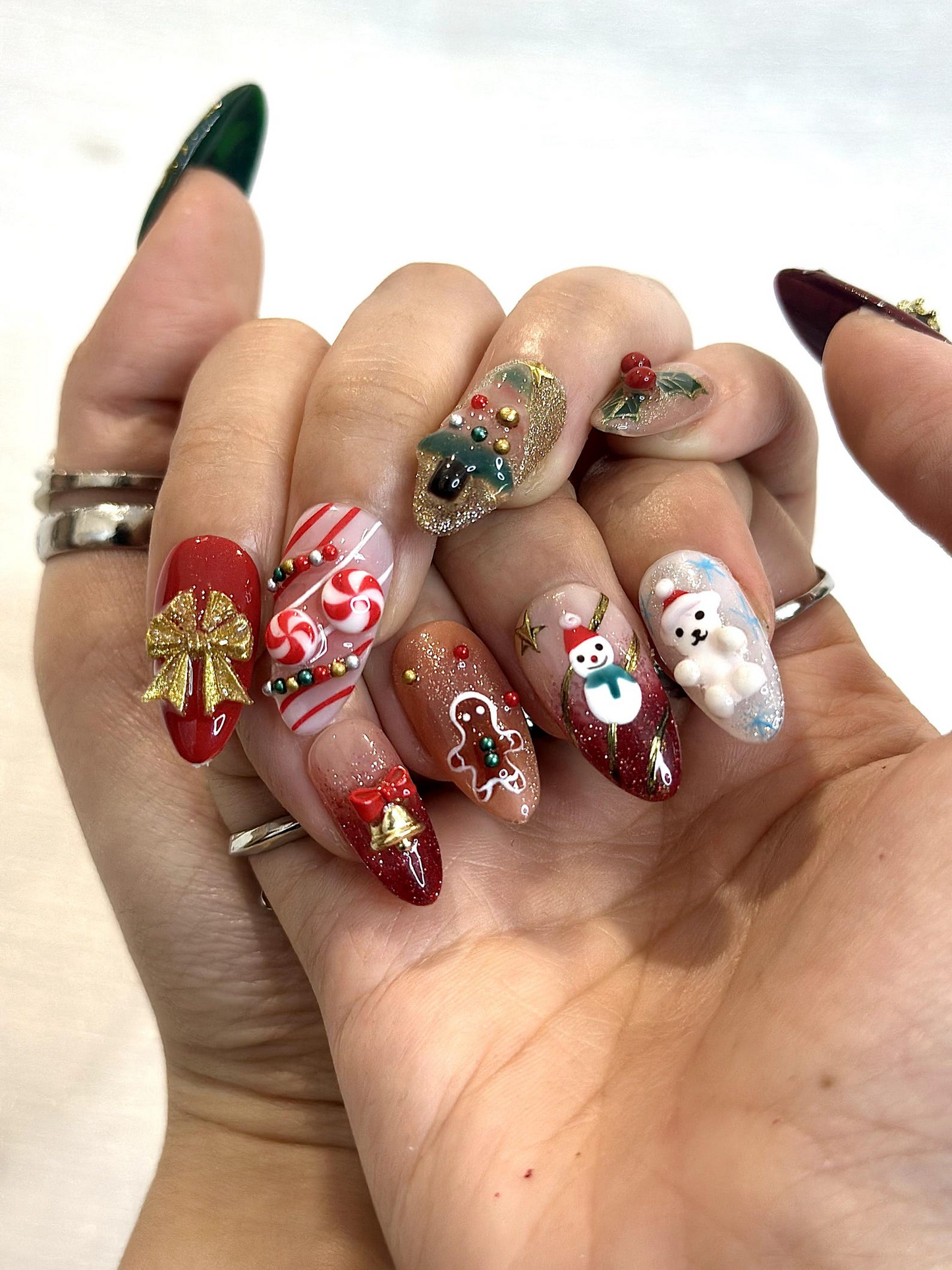 Cute Christmas Press On Nails | 3D Holiday Nails | Festive Candy Cane & Gingerbread Set | Christmas Winter Press Ons | Holiday Nail| HB1215H