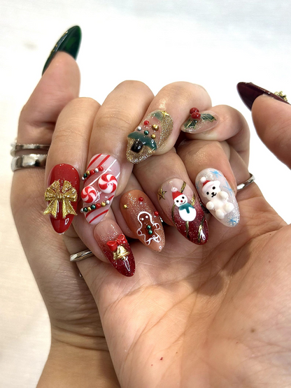 Cute Christmas Press On Nails | 3D Holiday Nails | Festive Candy Cane & Gingerbread Set | Christmas Winter Press Ons | Holiday Nail| HB1215H