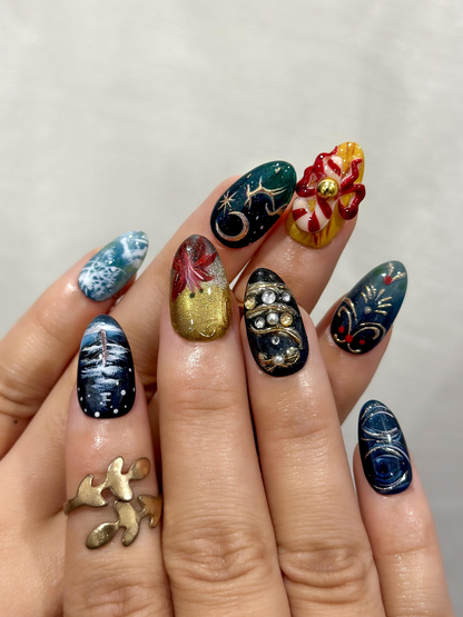 Midnight Santa Press On Nails For Christmas |Celestial Holiday Nail Art | Gold Moon & Constellation Nails |JB226EG