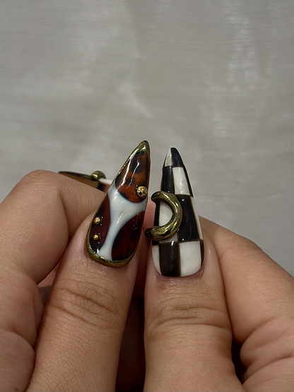 Brown Gold Luxe Press On Nails | Sculptural Ring Nail Art | Luxury Jewelry Inspired Nails | High Fashion Press Ons | Luxury Nail | JB262HK