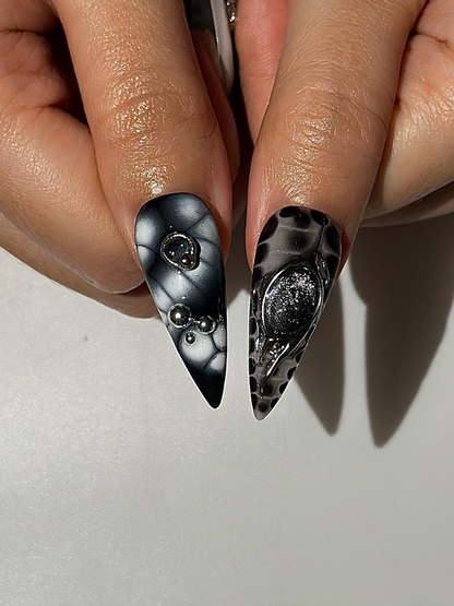 Gothic Silver Flower Press On Nails | Black White Stiletto Nails | Dark Floral Nail Set | Edgy Gothic Nails | Handmade Press Ons | HC1297HC
