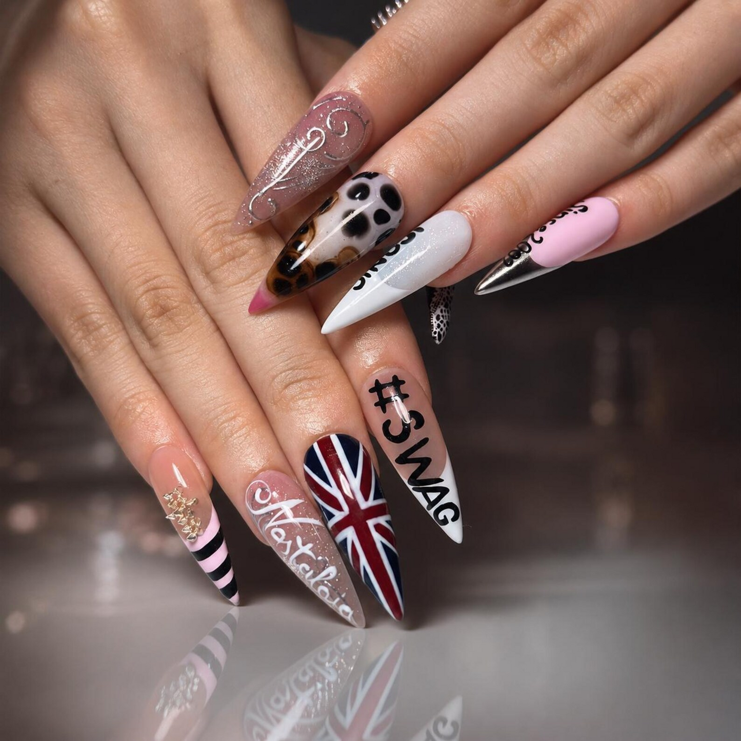 4th of July Press On Nails Long Stiletto • USA Holiday Look •Red White Blue Animal Print Stiletto Fake Nails| OB421LC