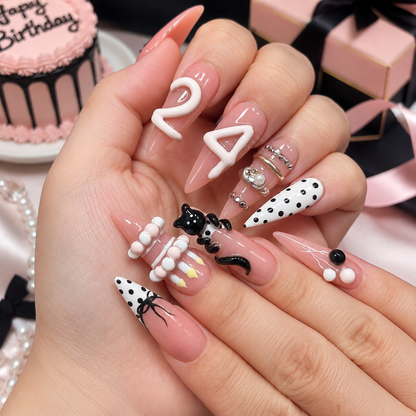 Custom Birthday Press On Nails | Pink Coquette 24 Nails, 3D Cake Bow Nails, Cute Party Nails, Reusable Gift for Her | OB435LG