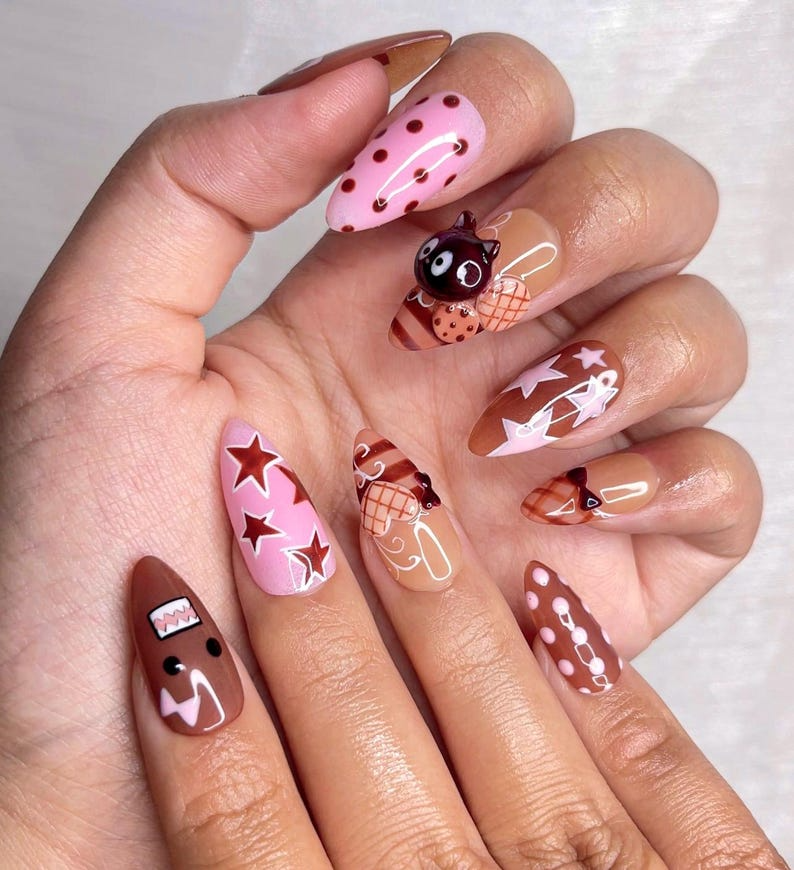 Chocolat Bear Cute Press On Nails | Kawaii Cartoon & 3D Cat Nails | Pink Brown Retro Nail Art | Handmade Fun Press Ons | JB221EC