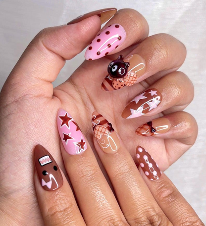 Chocolat Bear Cute Press On Nails | Kawaii Cartoon & 3D Cat Nails | Pink Brown Retro Nail Art | Handmade Fun Press Ons | JB221EC