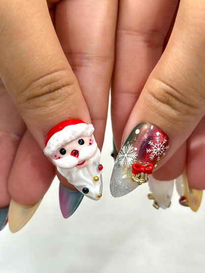 Santa & Snowman Christmas Press On Nails | Christmas Magic Nail Art | Christmas Character Nails |Festive Red-Green Glitter Press Ons|JB238EC