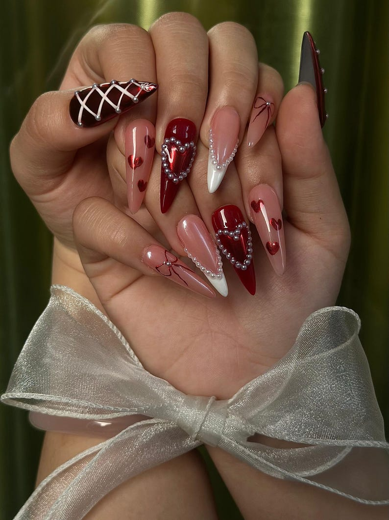 Red Burgundy Valentine Press Ons