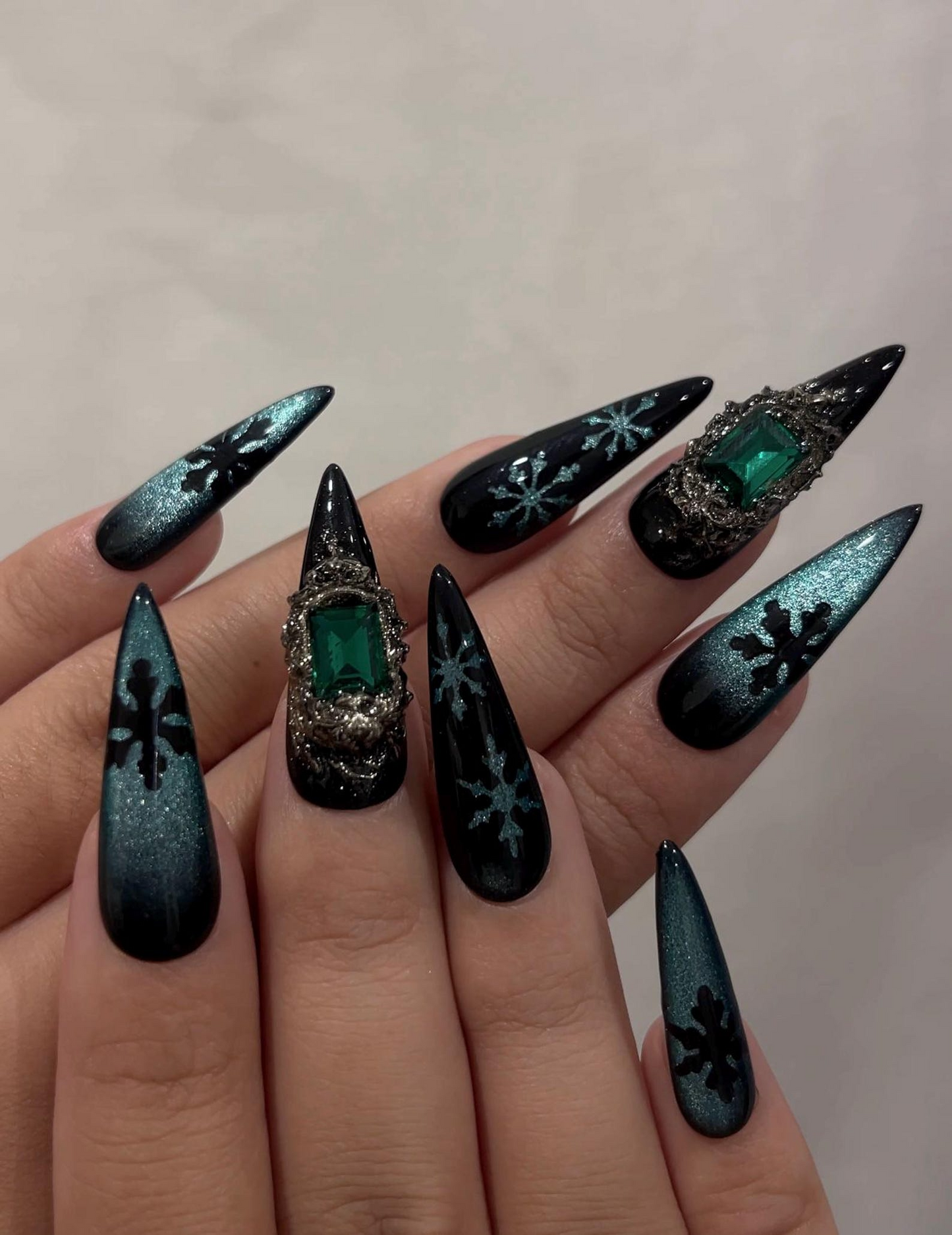 Emerald Snowflake Christmas Press On Nails | Black Green Winter Nails | Luxe Holiday Nail Art | Stiletto Press Ons | Winter Set | JB237HC