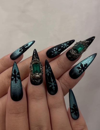 Emerald Snowflake Christmas Press On Nails | Black Green Winter Nails | Luxe Holiday Nail Art | Stiletto Press Ons | Winter Set | JB237HC