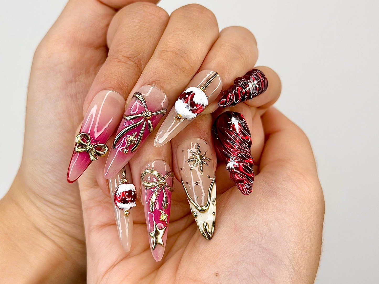 Elegant Christmas Press On Nails | Holiday Chrome Nail Art | Winter Festival Nails | Red Gold Bow Design | Handmade Gift for Her | JB1190BK