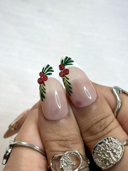 Holly Berry Christmas Press On Nails | Nude Winter Holiday Nails | Elegant Green & Red Press Ons | Festive Minimalist Nail Art | JC243HC