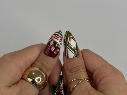 Red & Green Holiday Press On Nails For Christmas | 3D Christmas Nail Art  | Gingerbread & Bow Press Ons | HB1198HC