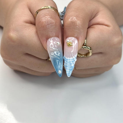 Oceanic Glam Press On Nails | Ripple & 3D Floral | Y2K Pastel Summer | Bold Beach Vacation | Long Stiletto Mermaid Nail | OB1350DG